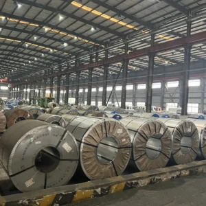 Cold rolled electrical steel coils in a production warehouse