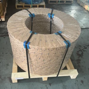 CRNGO Steel slit narrow coils stacked horizontally on fumigated supports, wrapped with anti-rust film and steel sheets, edge protectors applied, bundled as a whole