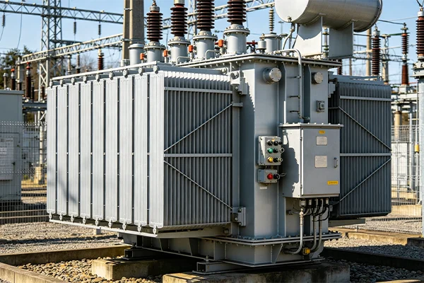 Outdoor three-phase oil-immersed power transformer installed in an electrical substation for grid voltage regulation.