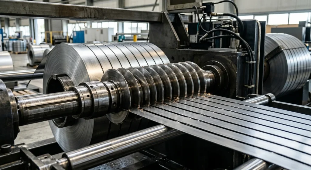 Precision slitting line cutting electrical steel coil into narrow strips with camber deviation diagram