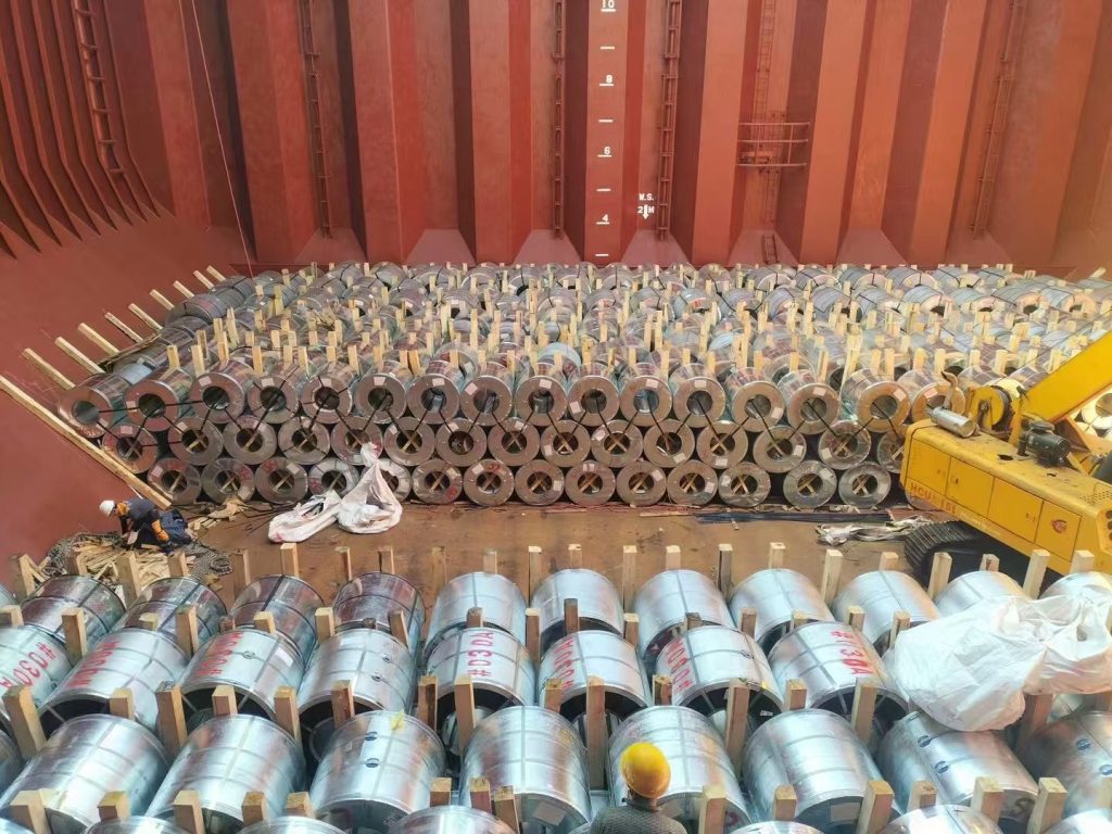 CRGO Hi-B electrical steel coils stored in warehouse for European power transformer core manufacturing