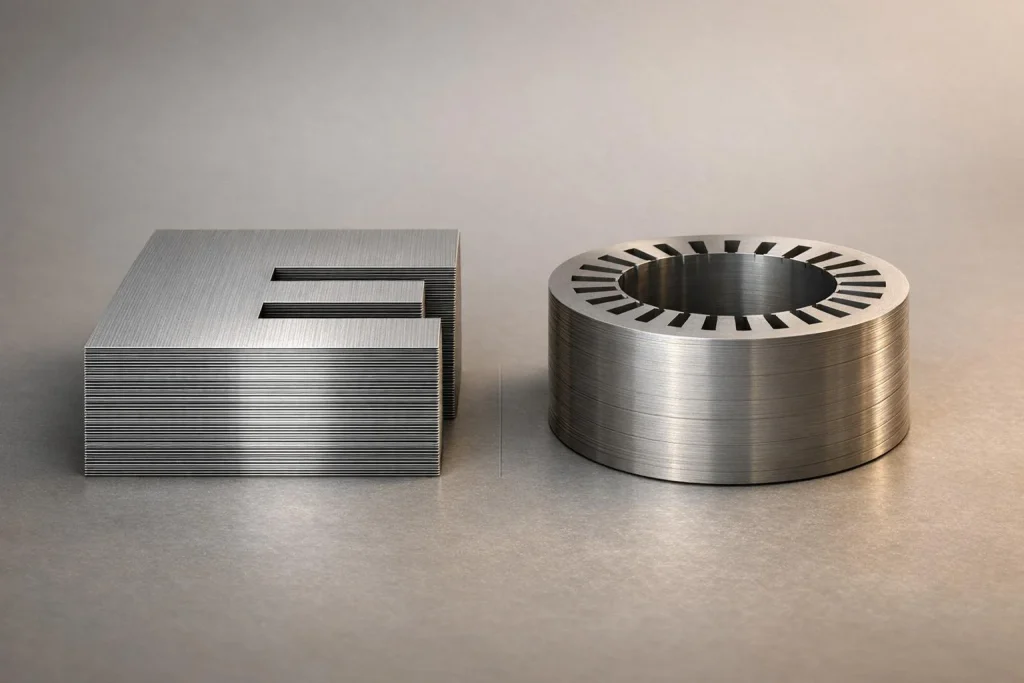 CRGO vs CRNGO electrical steel comparison showing differences in magnetic directionality, core loss, and typical applications