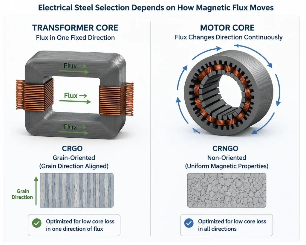 Electrical steel grades comparison showing CRGO transformer core and CRNGO motor core applications