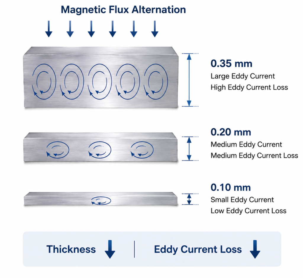 Comparison of 0.35mm 0.20mm and 0.10mm silicon steel thickness showing reduced eddy current loss in thinner laminations