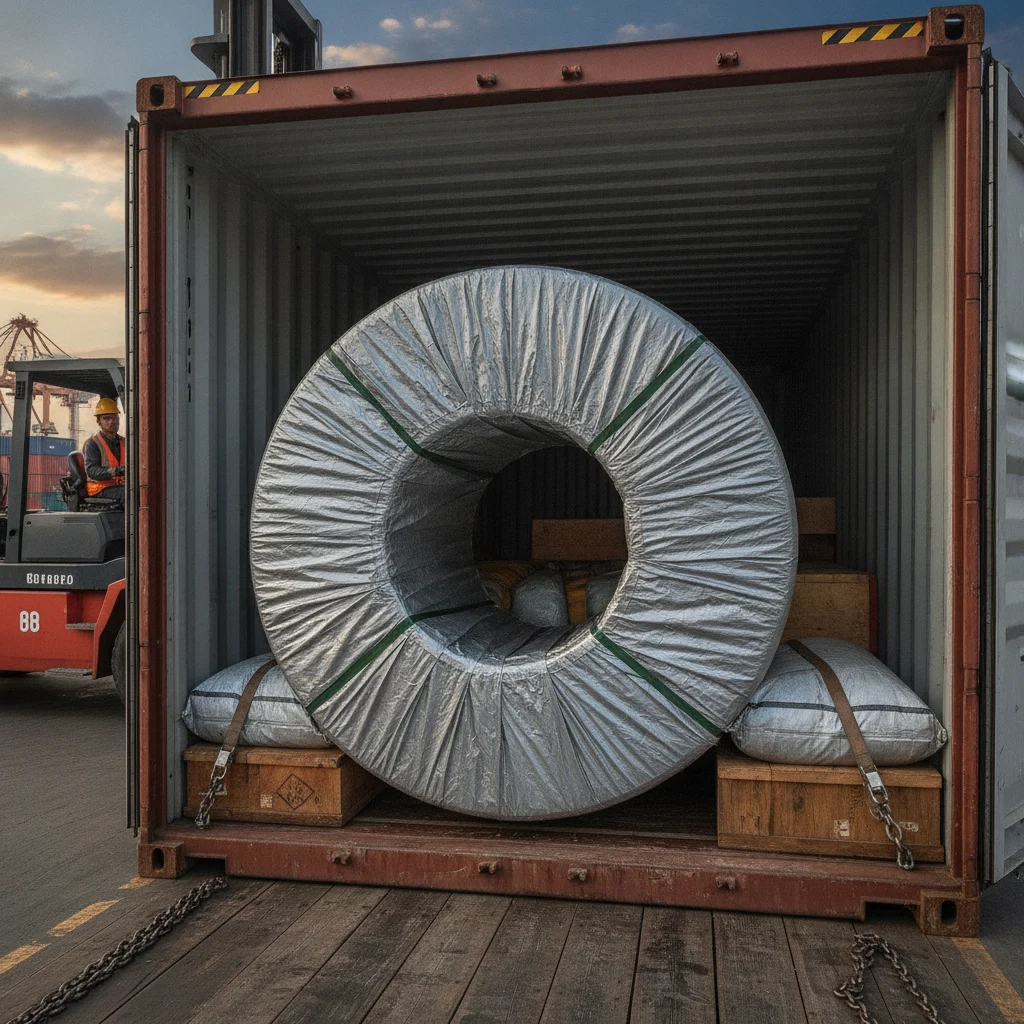 Electrical steel coil secured inside shipping container for export transportation