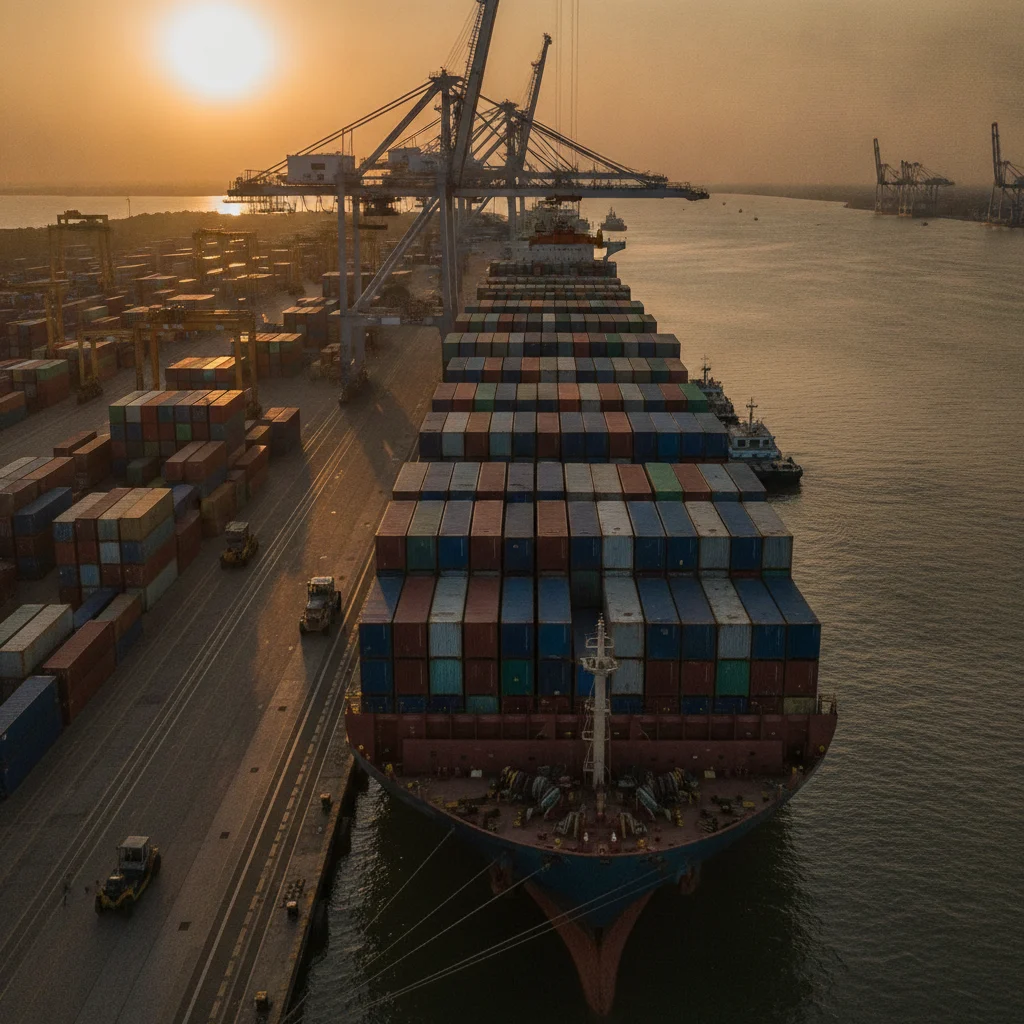 Container ship at port representing LC and TT payment terms for international electrical steel procurement