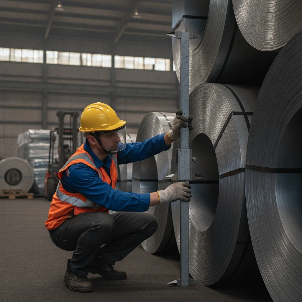 Inspector measuring electrical steel coils during third-party inspection before shipment