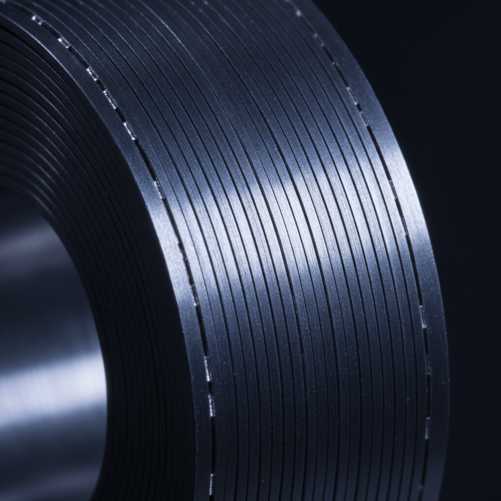 Close-up view of ultra-thin silicon steel coil used for EV traction motor laminations, highlighting precision surface finish and thin gauge electrical steel manufacturing.
