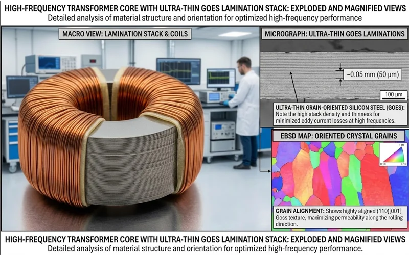 Close-up of ultra-thin grain-oriented silicon steel coil for high-frequency transformer cores