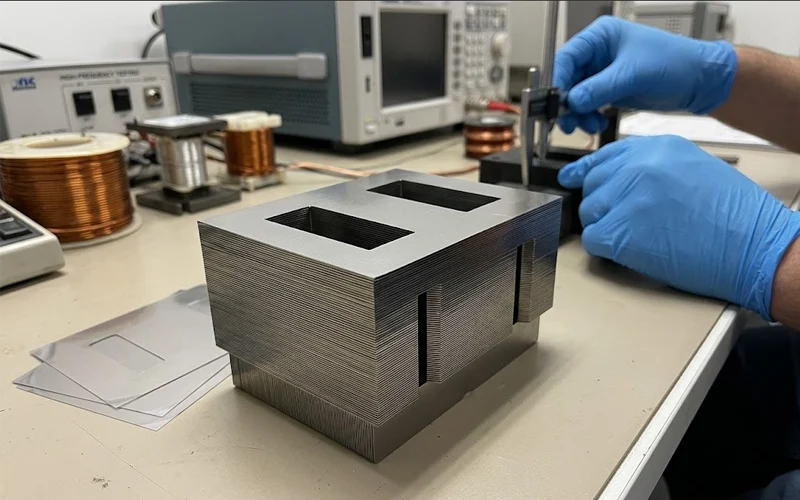 Stacked ultra-thin silicon steel laminations forming a high-frequency transformer core