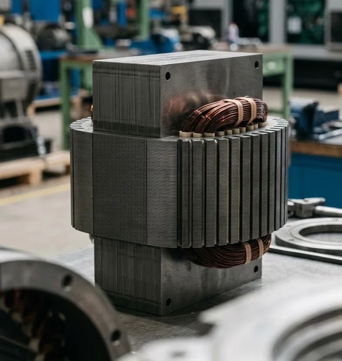 Generator stator core and winding assembly with electrical steel laminations for alternator manufacturing