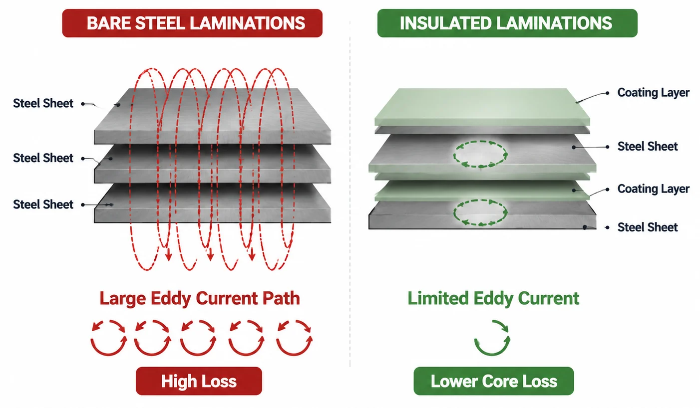 Diagram showing bare and insulated electrical steel laminations with coating layers reducing interlaminar eddy current loss