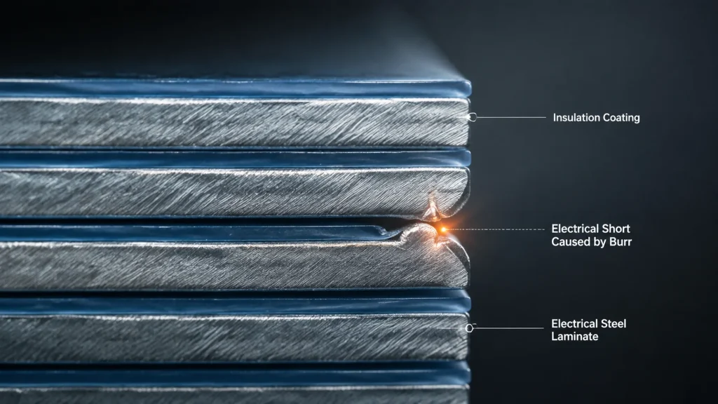 Diagram showing how an oversized burr bridges the insulation coating between stacked electrical steel laminations, causing an electrical short