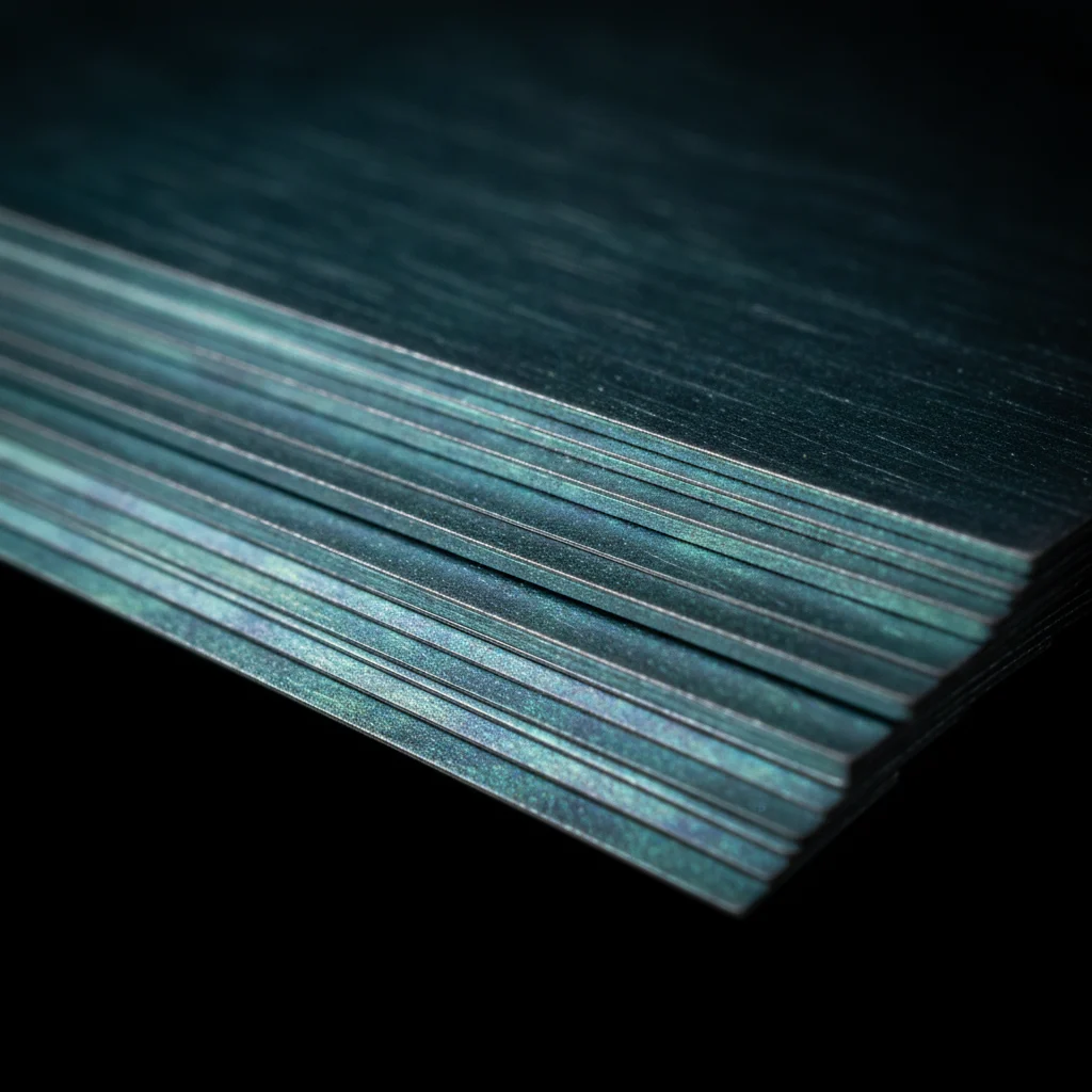 Stacked electrical steel laminations showing insulated coating layers for C-2 and C-5 coating applications