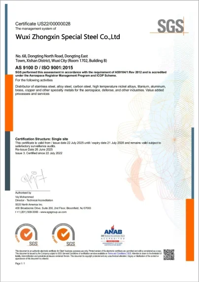 ISO 9001 quality management system certificate for Wuxi Zhongxin Special Steel