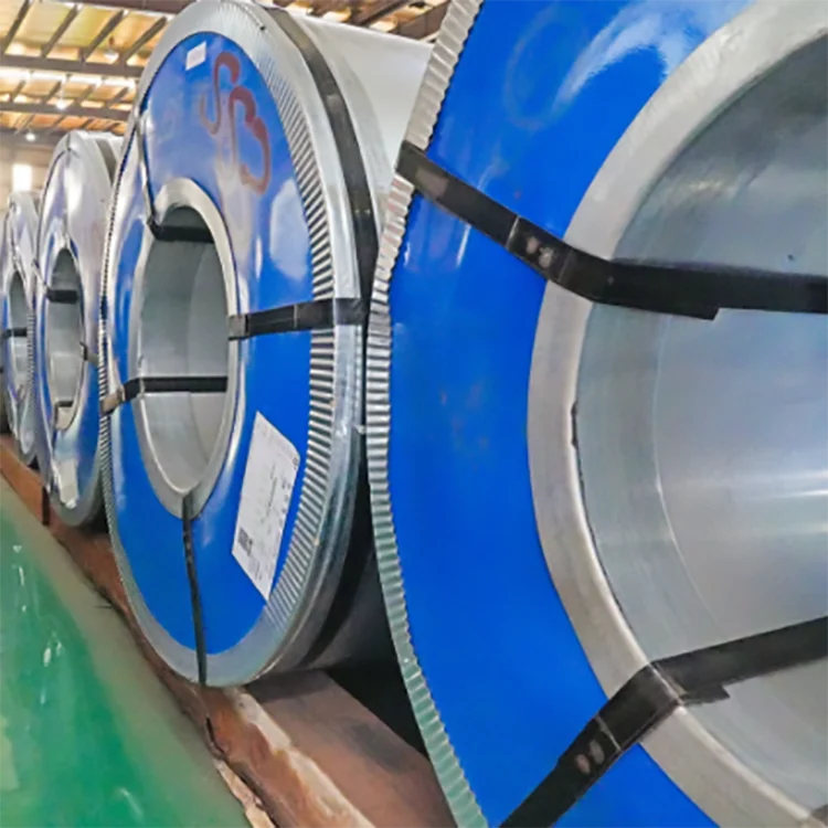 CRGO electrical steel coil with blue protective packaging and steel strapping in warehouse