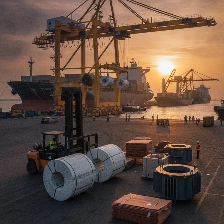 CRGO electrical steel coils being loaded at port for African distribution transformer projects