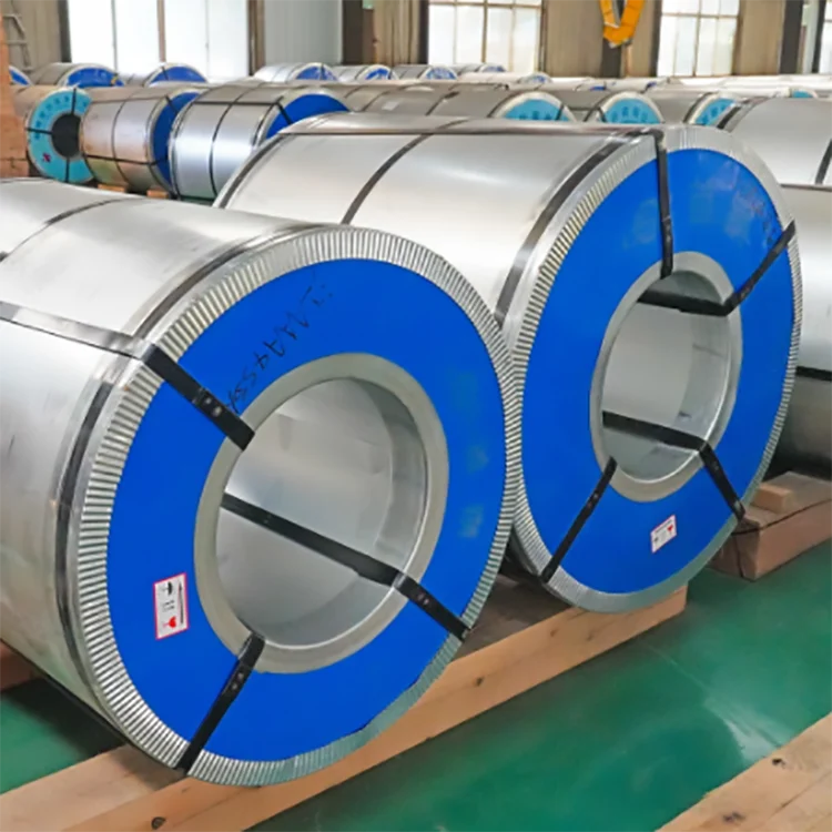 Stacked CRGO electrical steel coils stored in warehouse ready for export