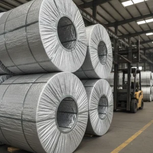CRGO Hi-B electrical steel coils stored in a warehouse for power transformer core production