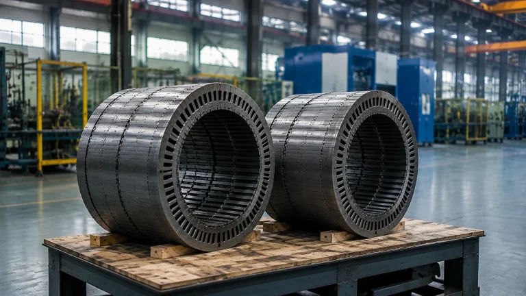 CRNGO electrical steel stator cores used for diesel and gas generator manufacturing in industrial workshop