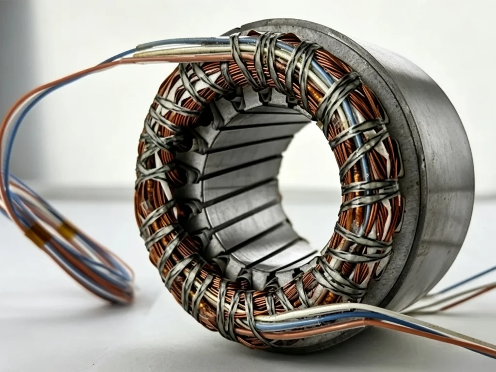Close-up of a motor stator's copper windings wrapped around laminated steel poles