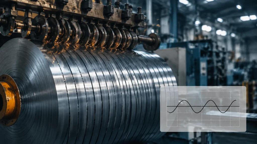 Precision slitting line cutting electrical steel coil into narrow strips, with camber deviation diagram