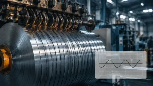 Precision slitting line cutting electrical steel coil into narrow strips, with camber deviation diagram