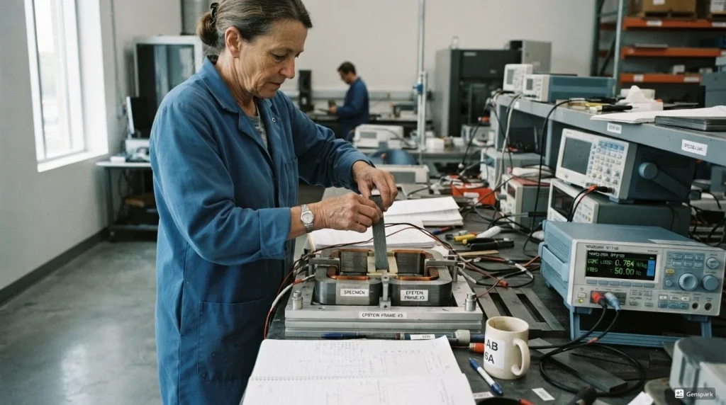 Engineer performing Epstein frame core loss testing on electrical steel samples in a laboratory