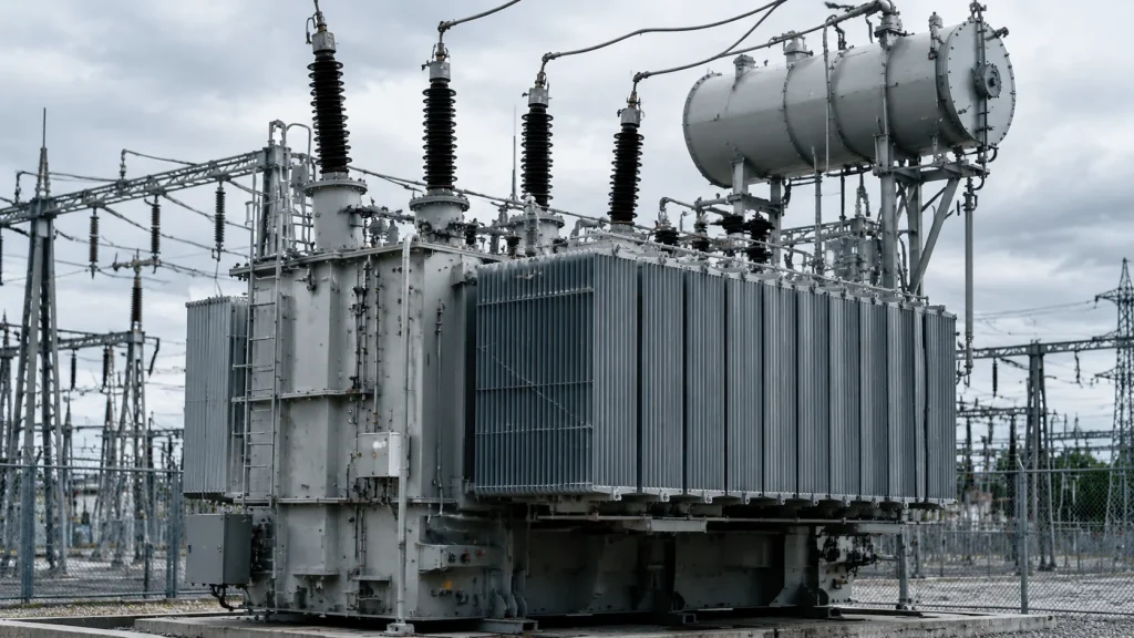 Large high voltage power transformer installed in an outdoor electrical substation for power transmission systems