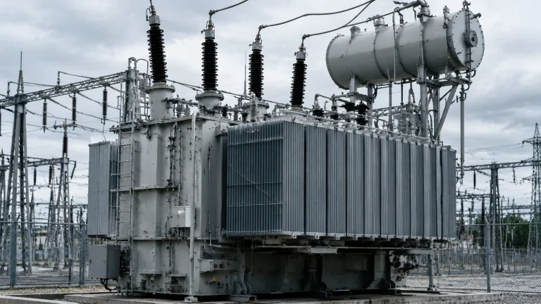 Large high voltage power transformer installed in an outdoor electrical substation for power transmission systems