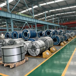 CRGO grain-oriented silicon steel coils in a steel factory warehouse for global electrical steel supply