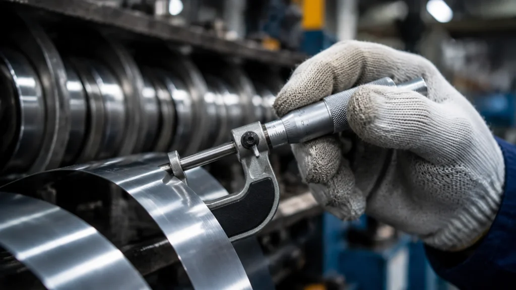 Technician using a micrometer to check burr height on the cut edge of a slit electrical steel strip