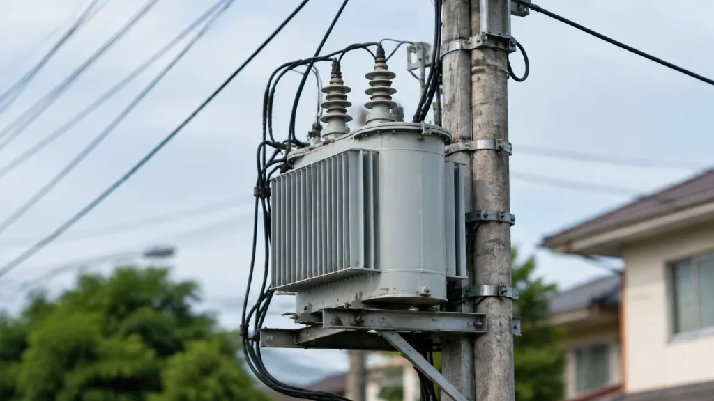 Pole mounted distribution transformer installed on a utility pole for local power distribution