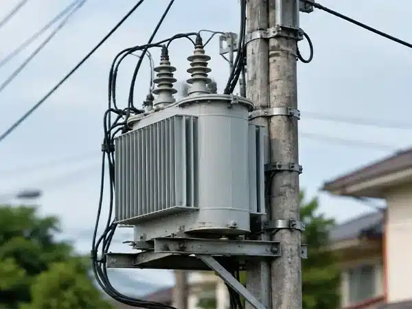 Pole-mounted distribution transformer on a utility pole with overhead lines