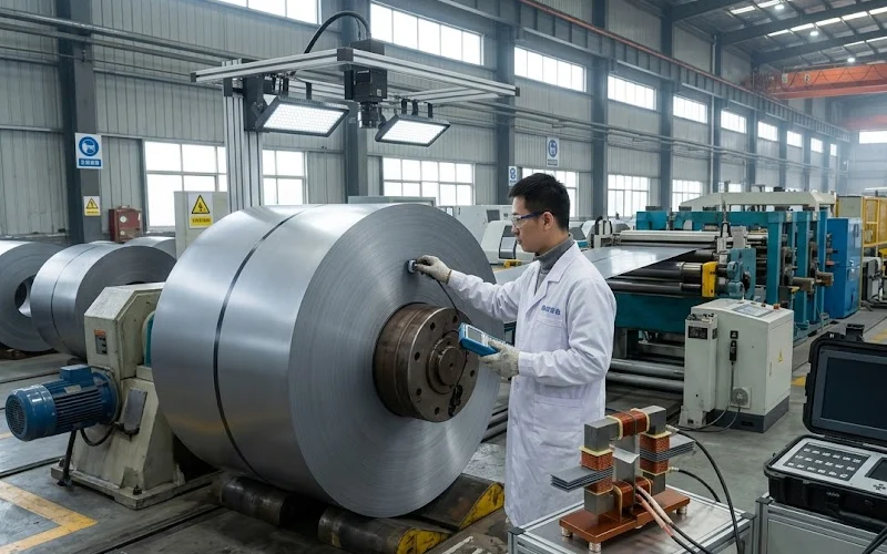 Quality inspector checking a silicon steel coil on the production floor