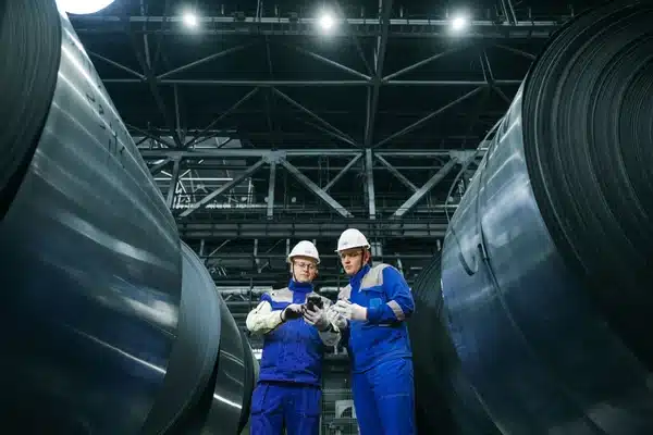 Two steel mill workers reviewing coil test data between rows of silicon steel coils during supplier qualification