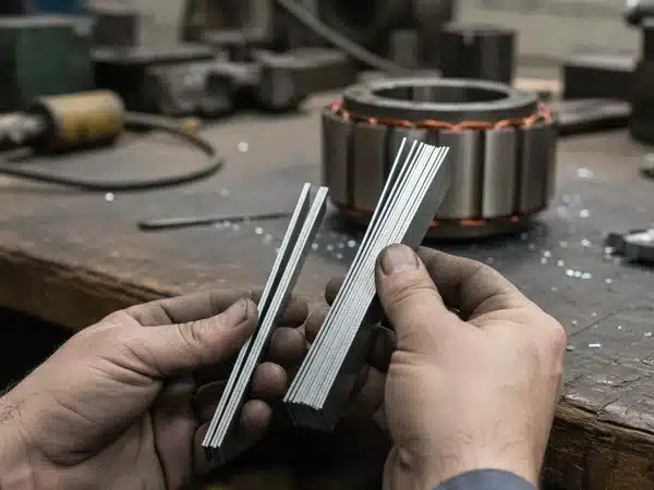 Technician's hands holding two thin stacks of electrical steel laminations side by side for comparison, motor rotor core visible in background