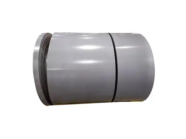 Studio product photo of a single bare cold-rolled grain-oriented electrical steel coil on a white background