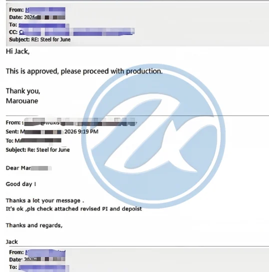 Email thread showing the buyer approving the revised proforma invoice with "please proceed with production," and the Zhongxin reply attaching the revised PI and deposit request