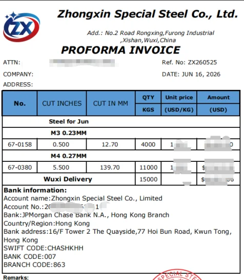 Zhongxin Special Steel proforma invoice showing two line items — M3 0.23mm and M4 0.27mm strip — with quantities, cut widths in inches and millimetres, and pricing redacted