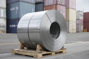 A coil of grain-oriented electrical steel on a wooden pallet at a container port terminal