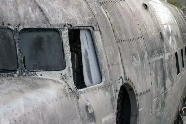 Weathered aluminum skin of an old aircraft: dull and oxidized after decades outdoors, but not rusted