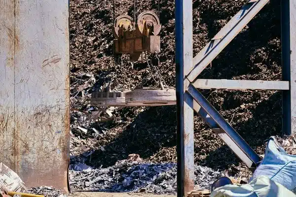 Industrial electromagnet crane lifting scrap steel in a recycling yard, illustrating ferromagnetic attraction