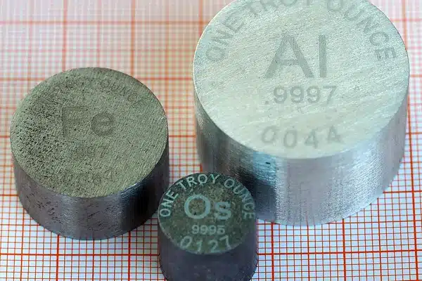 Three one-troy-ounce blocks of iron, osmium, and aluminum; the aluminum block is far larger for the same mass