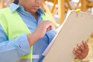 Worker in safety vest reviewing shipment paperwork on a clipboard before sign-off