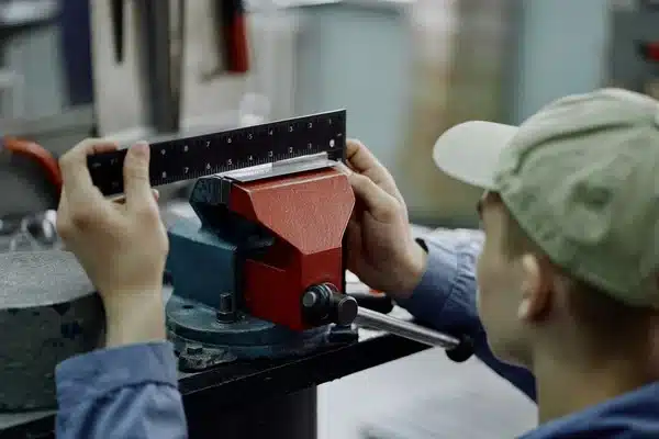Worker measuring a metal workpiece clamped in a vise with a ruler