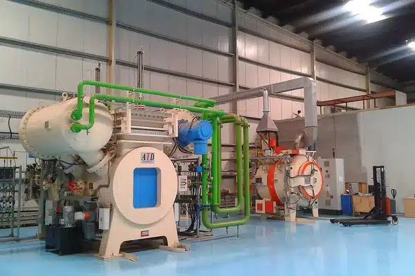 Computer-controlled atmosphere heat-treatment furnace in a steel workshop