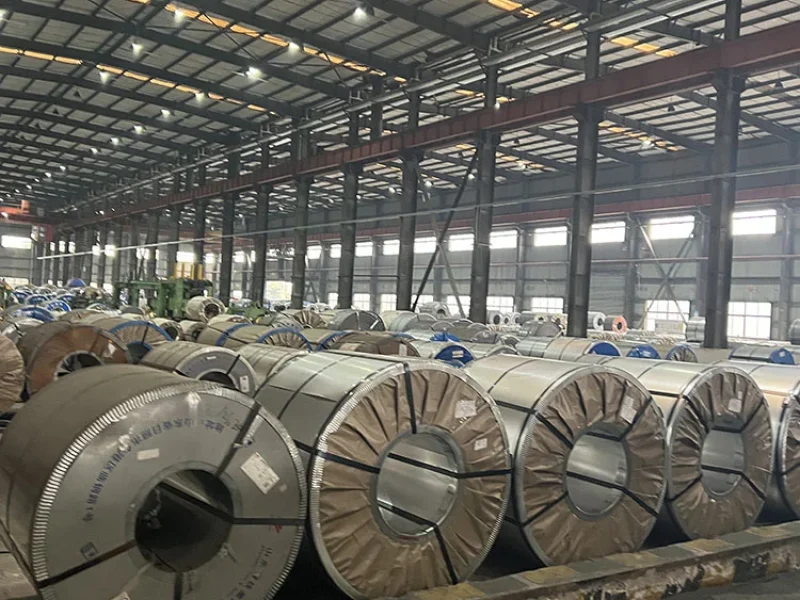 Cold rolled electrical steel coils in a production warehouse